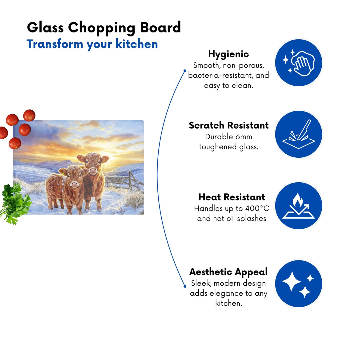 Snowy Baby Highland Cows Glass Chopping Board