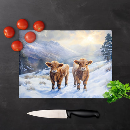 Due Of Baby Highland Cows Glass Chopping Board
