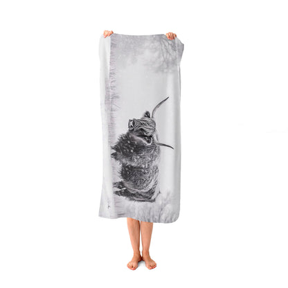 Snowy Black And White Highland Cow Beach Towel