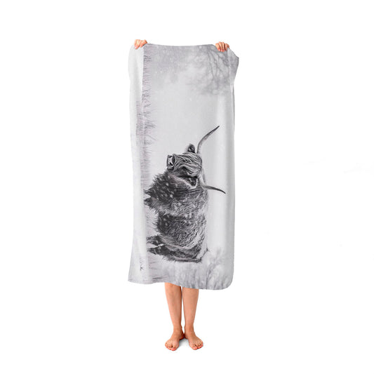 Snowy Black And White Highland Cow Beach Towel