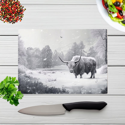 Snow Storm Highland Cow Glass Chopping Board