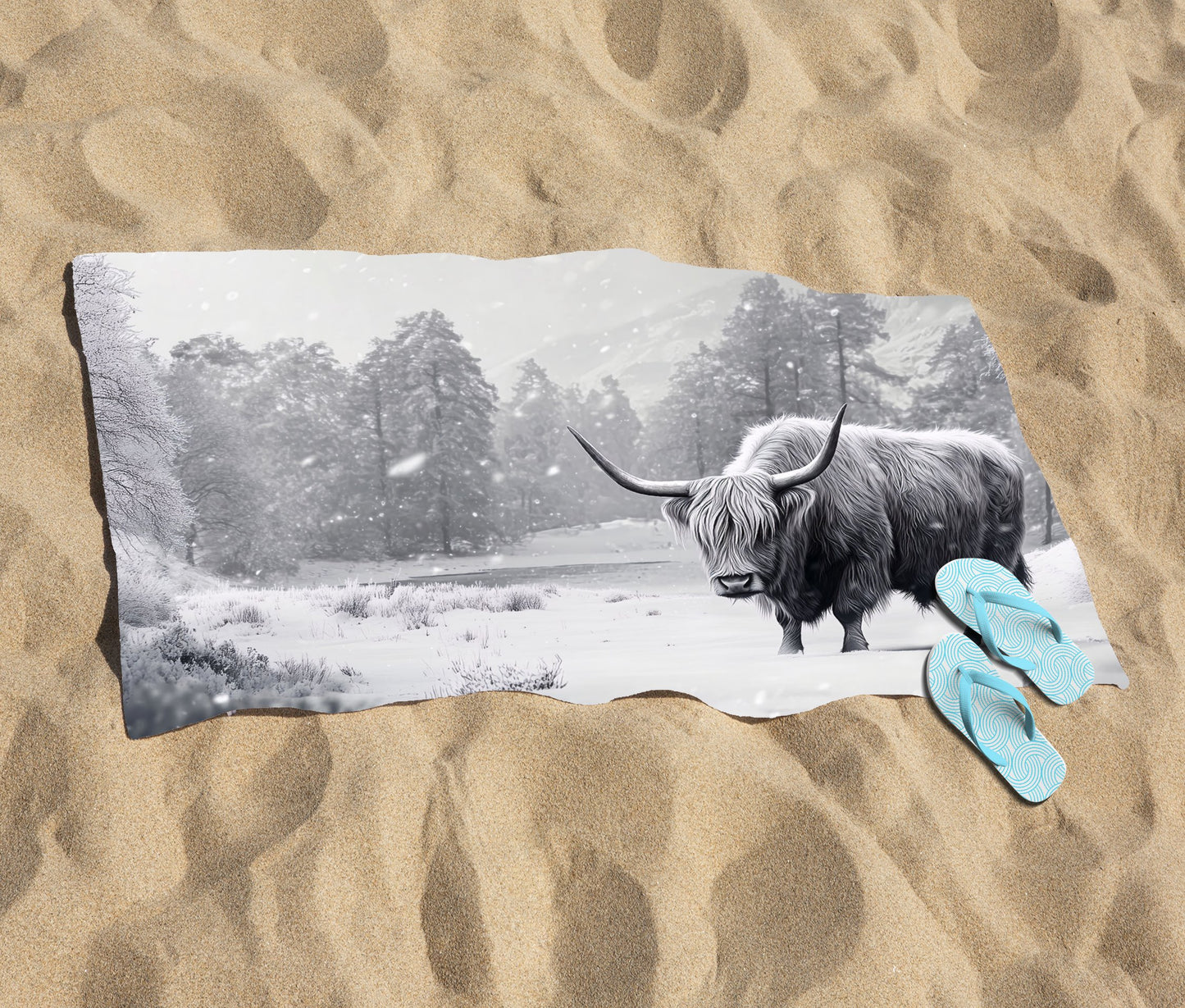 Snow Storm Highland Cow Beach Towel