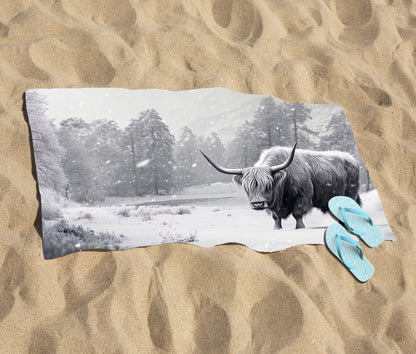 Snow Storm Highland Cow Beach Towel
