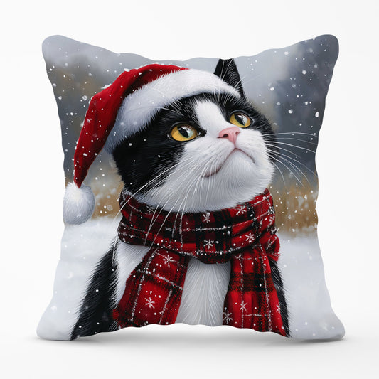 Snowy Christmas Black Cat Cushion