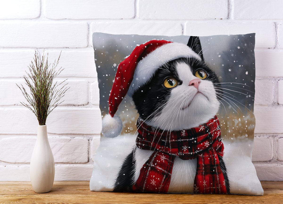 Snowy Christmas Black Cat Cushion