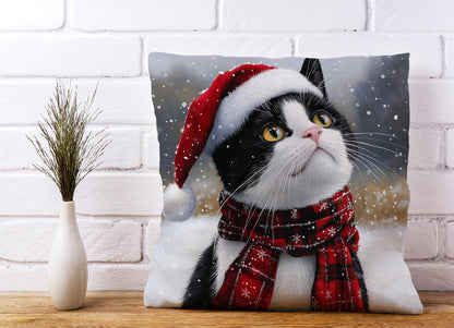 Snowy Christmas Black Cat Cushion