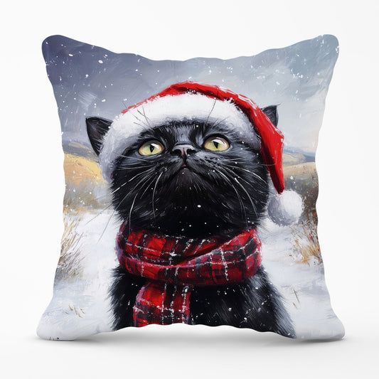 Black Snowy Christmas Cat Cushion