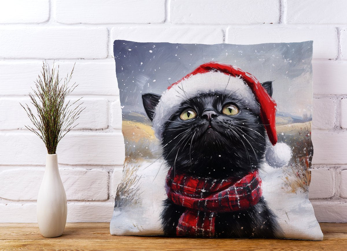 Black Snowy Christmas Cat Cushion