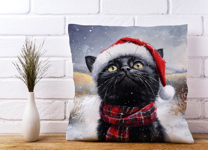 Black Snowy Christmas Cat Cushion