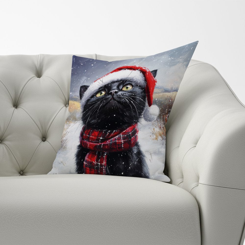 Black Snowy Christmas Cat Cushion