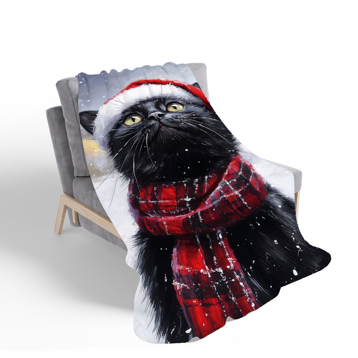 Black Snowy Christmas Cat Sherpa Blanket