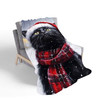 Black Snowy Christmas Cat Sherpa Blanket