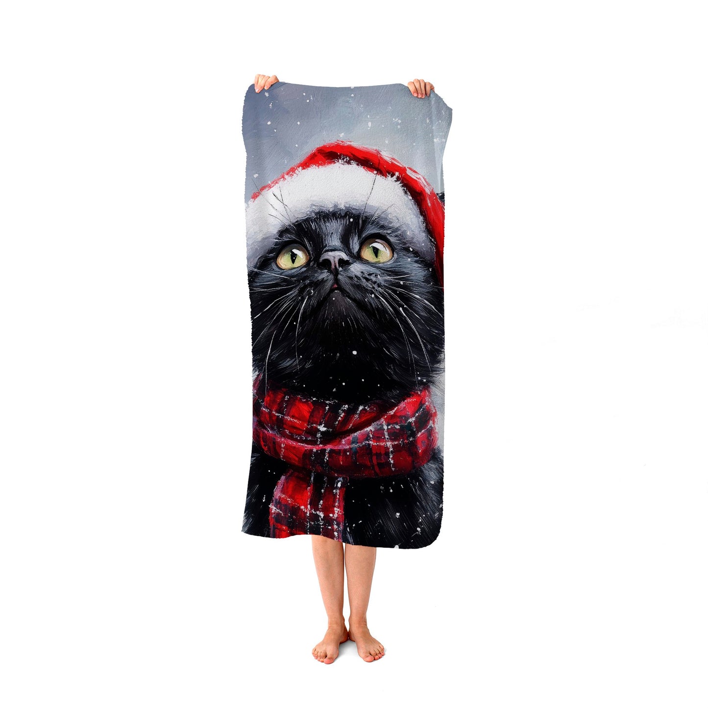 Black Snowy Christmas Cat Beach Towel