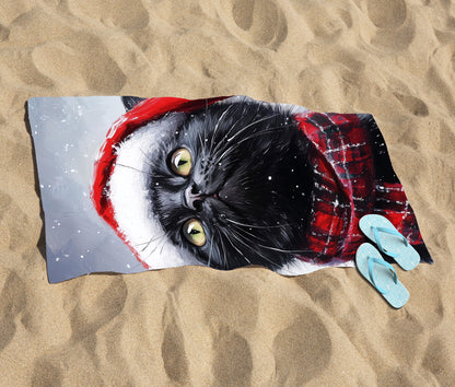 Black Snowy Christmas Cat Beach Towel