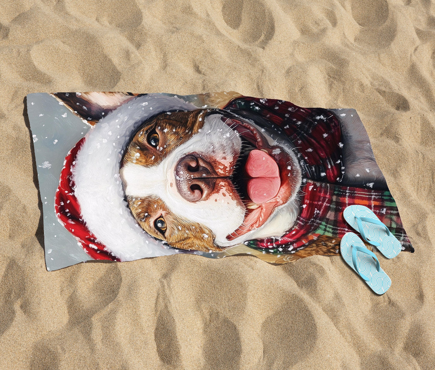 Snowy Christmas English Bull Terrier Beach Towel