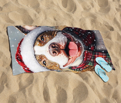 Snowy Christmas English Bull Terrier Beach Towel