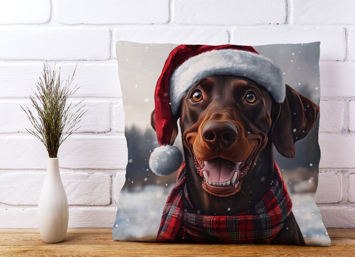 Snowy Christmas Brown Doberman Cushion