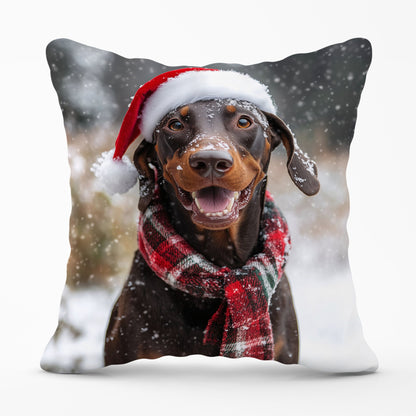 Snowy Christmas Brown Doberman Dog Cushion