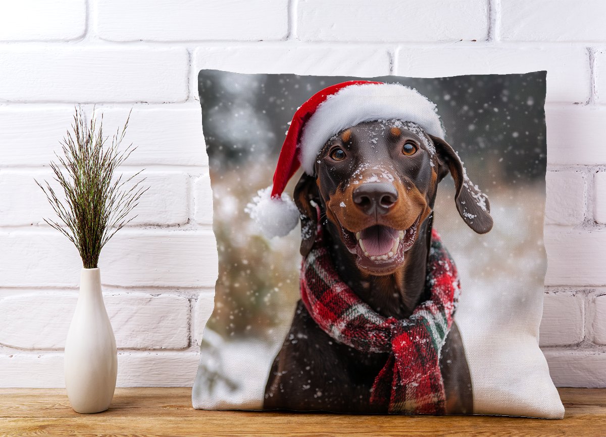 Snowy Christmas Brown Doberman Dog Cushion
