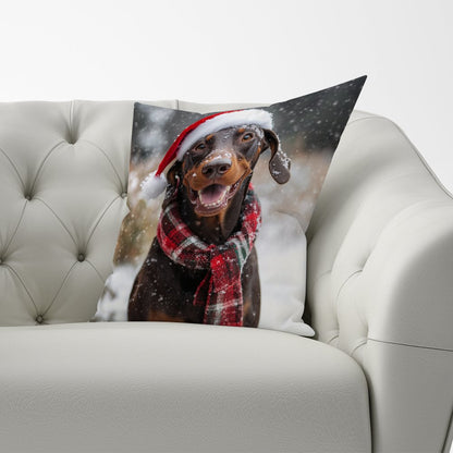 Snowy Christmas Brown Doberman Dog Cushion