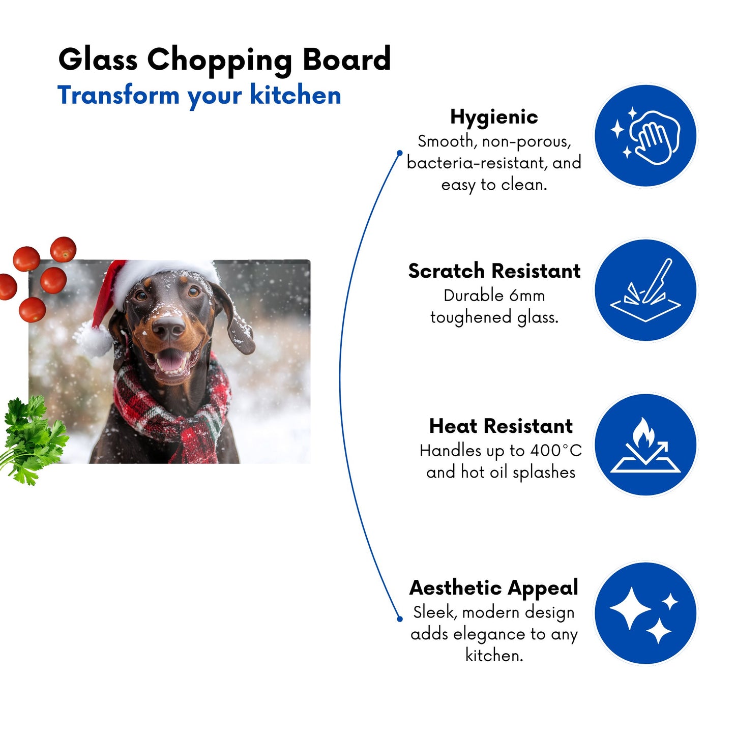 Snowy Christmas Brown Doberman Dog Glass Chopping Board