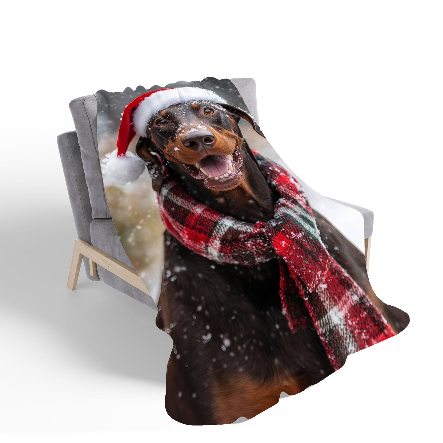 Snowy Christmas Brown Doberman Dog Sherpa Blanket
