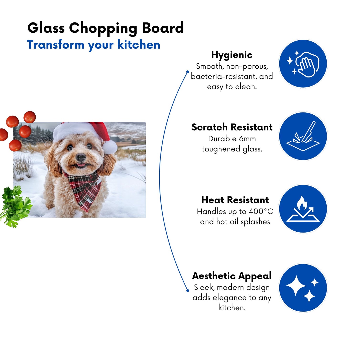 Snowy Christmas Cavapoo Glass Chopping Board