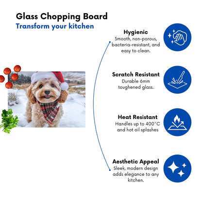 Snowy Christmas Cavapoo Glass Chopping Board