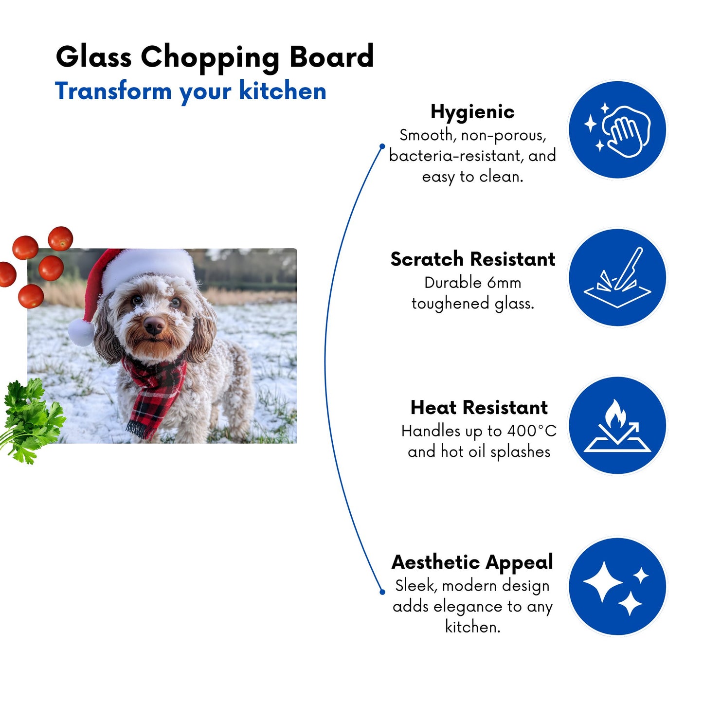 Snowy Christmas Cockapoo Glass Chopping Board