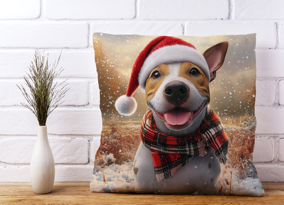 Snowy Christmas English Bull Terrier Dog Cushion