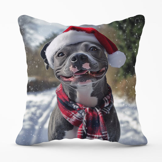 Snowy Christmas Staffordshire Bull Terrier Dog Cushion