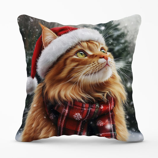 Snowy Christmas Ginger Cat Cushion
