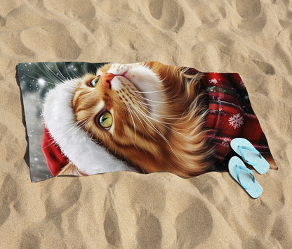 Snowy Christmas Ginger Cat Beach Towel