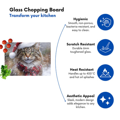 Snowy Christmas Maine Coon Cat Glass Chopping Board