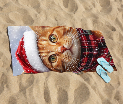 Christmas Ginger Shorthair Cat Beach Towel
