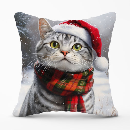 Snowy Christmas Silver Tabby Cushion