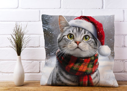 Snowy Christmas Silver Tabby Cushion