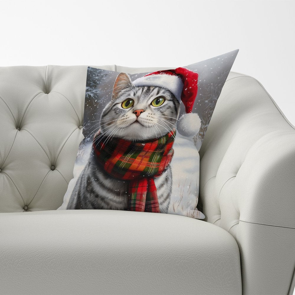 Snowy Christmas Silver Tabby Cushion