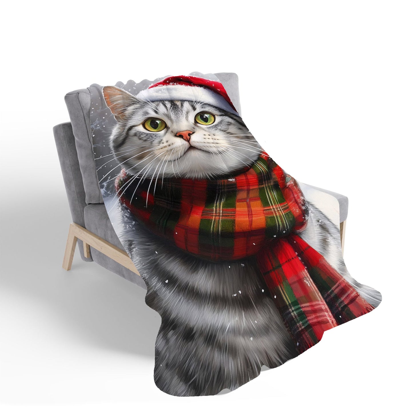 Snowy Christmas Silver Tabby Sherpa Blanket