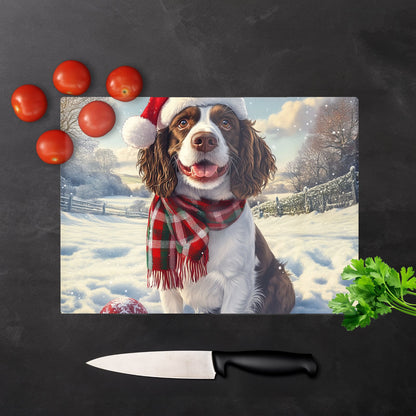 Snowy Christmas Springer Spaniel Glass Chopping Board