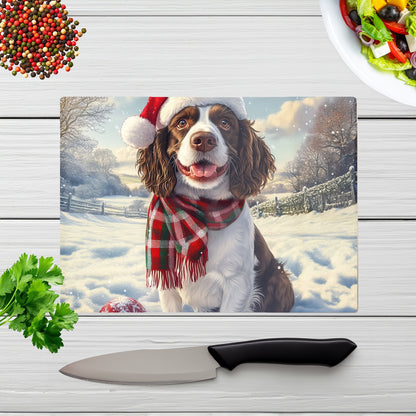 Snowy Christmas Springer Spaniel Glass Chopping Board