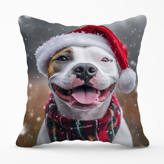 Snowy Christmas Staffy Bull Terrier Dog Cushion