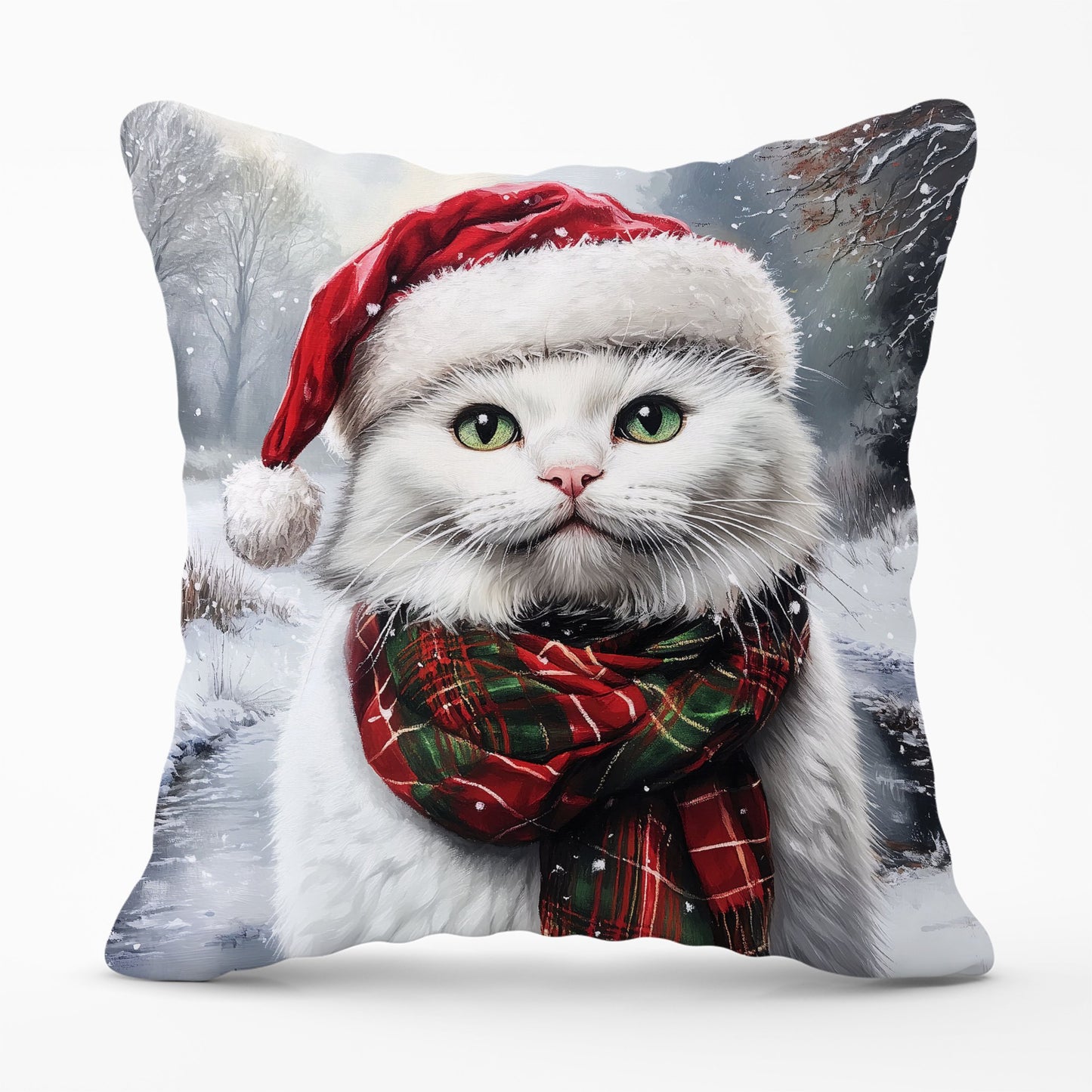 Snowy Christmas White Cat Cushion