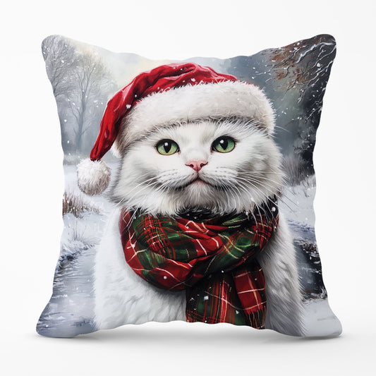 Snowy Christmas White Cat Cushion