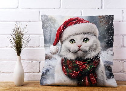 Snowy Christmas White Cat Cushion