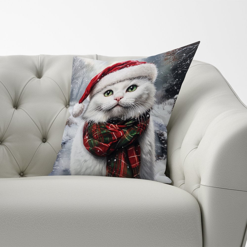 Snowy Christmas White Cat Cushion