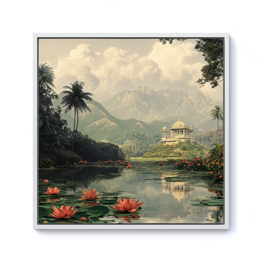 Temple By A Lake With Lilies Framed Canvas