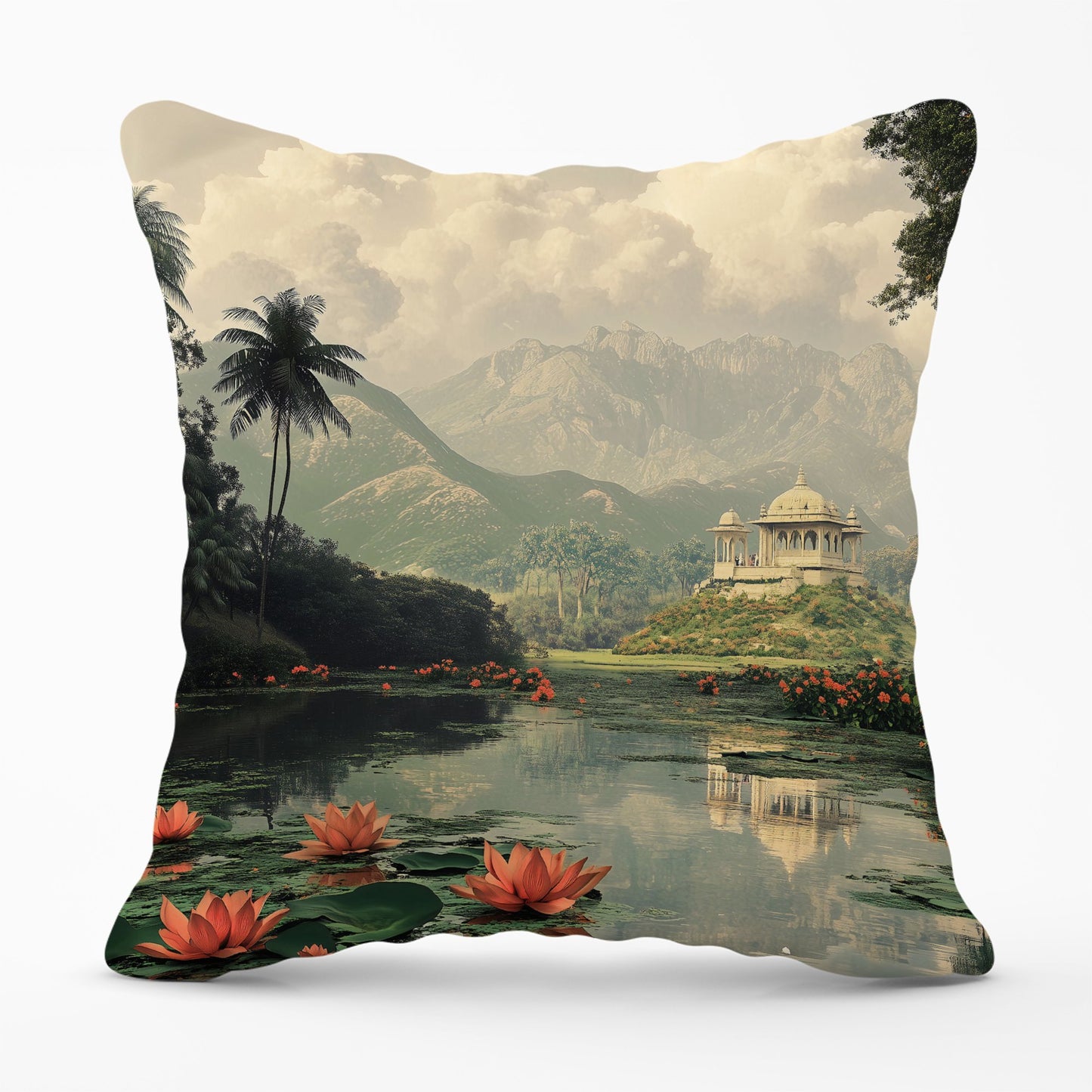 Temple By A Lake With Lilies Cushions