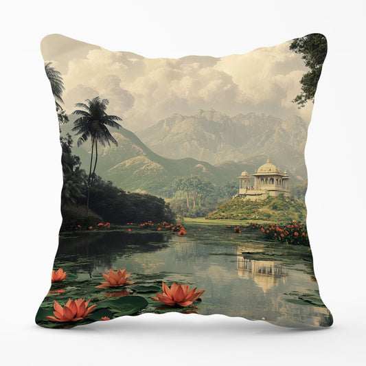 Temple By A Lake With Lilies Cushions