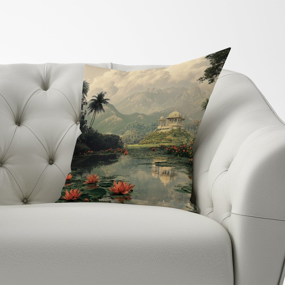 Temple By A Lake With Lilies Cushions